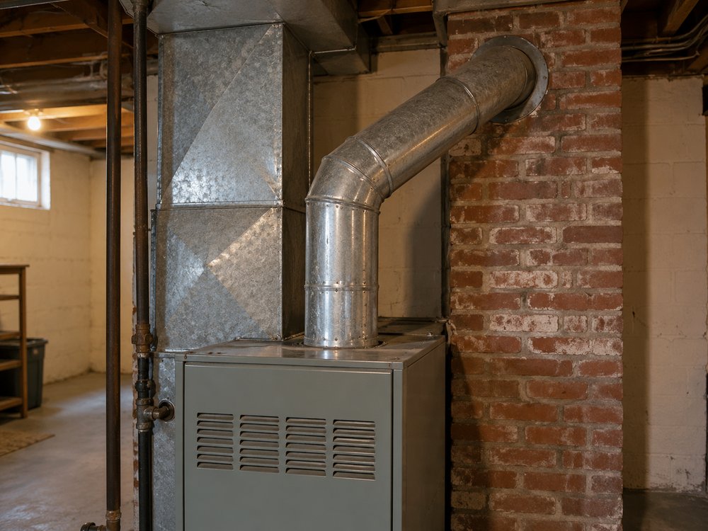 The flue connection at the top of a gas furnace in a basement, with the vent pipe running to the chimney.